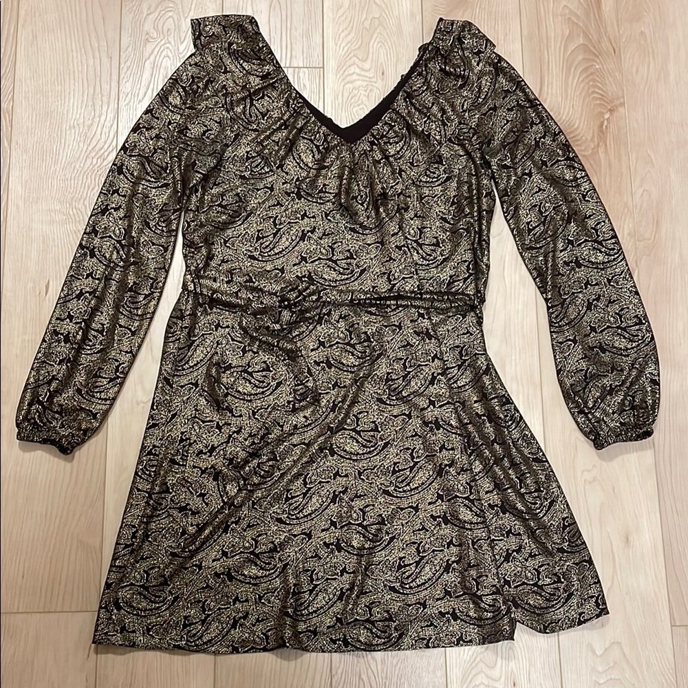 MICHAEL Michael Kors Brown & Gold Paisley Dress with Ruffle Detail, sz S